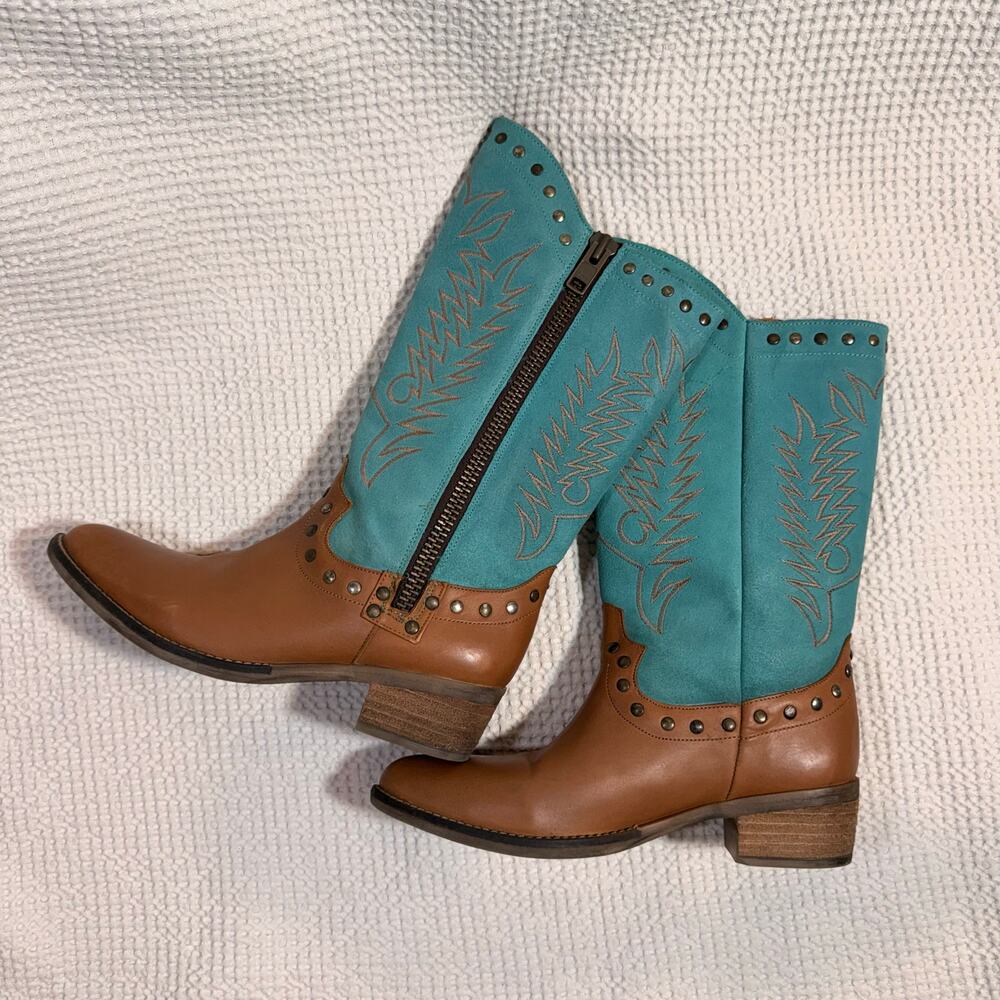 Diego Di Lucca Cowboy Turquoise Suede Studded Side Zip Leather Boots Size 7